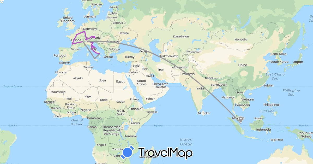 TravelMap itinerary: driving, plane, train in Austria, Switzerland, Germany, France, Italy, Singapore (Asia, Europe)